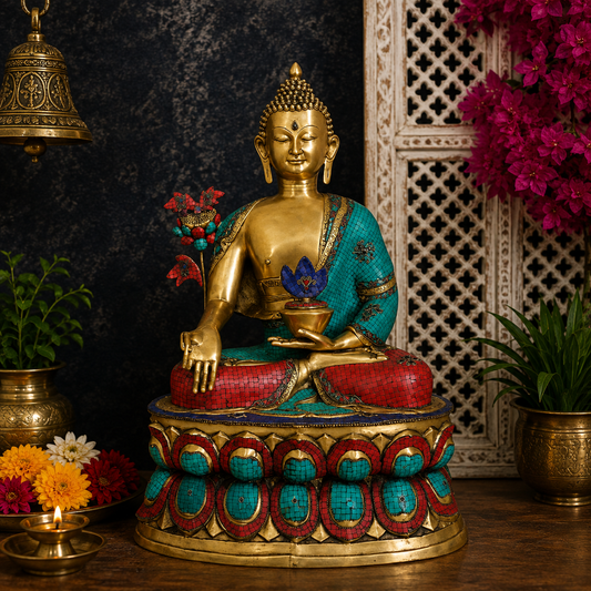 Brassaura® Buddha Bhumisparsha Mudra Sitting Idol with Gem Stone Work Finish and Lotus Detail | Pure Superfine Brass Handcrafted Murti | Brass Statue for Home Temple, Pooja Room | Height 38.4 Inches | Weight 48 Kgs
