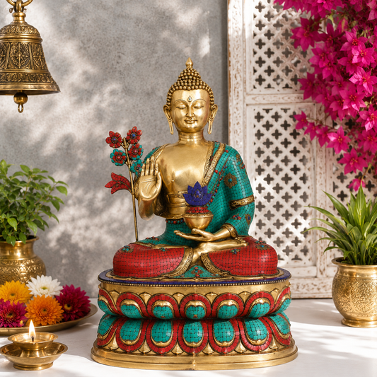 Brassaura® Buddha Sitting in Blessing Mudra Idol with Gem Stone Work Finish | Pure Superfine Brass Handcrafted Murti | Brass Statue for Home Temple, Pooja Room | Height 28 Inches | Weight 32 Kgs