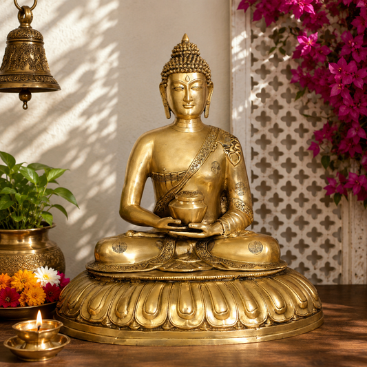 Brassaura® Buddha Sitting with Bowl Idol with Royal Golden Finish and Base | Pure Superfine Brass Handcrafted Murti | Brass Statue for Home Temple, Pooja Room | Height 28 Inches | Weight 33 Kgs
