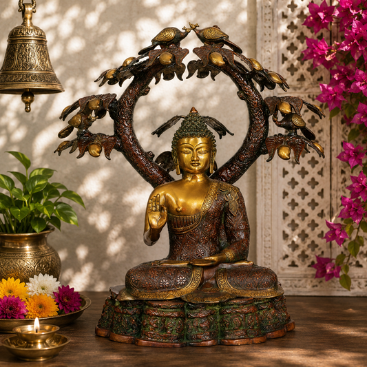 Brassaura® Buddha Sitting in Blessing Mudra with Tree Idol with Antique Brown & Gold Finish | Pure Superfine Brass Handcrafted Murti | Brass Statue for Home Temple, Pooja Room | Height 28.5 Inches | Weight 37 Kgs