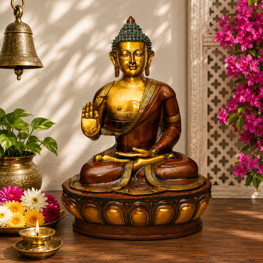 Brassaura® Buddha Sitting in Blessing Mudra Idol with Antique Brown & Gold Finish and Base | Pure Superfine Brass Handcrafted Murti | Brass Statue for Home Temple, Pooja Room | Height 46 Inches | Weight 85 Kgs