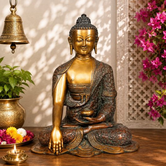 Brassaura® Buddha Bhumisparsha Mudra Sitting Idol with Antique Brown & Gold Finish | Pure Superfine Brass Handcrafted Murti | Brass Statue for Home Temple, Pooja Room | Height 13 Inches | Weight 8 Kgs