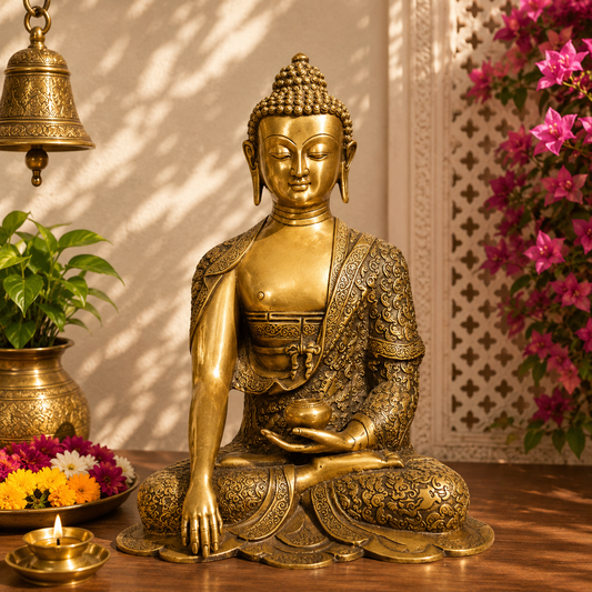 Brassaura® Buddha Bhumisparsha Mudra Sitting Idol with Royal Golden Finish | Pure Superfine Brass Handcrafted Murti | Brass Statue for Home Temple, Pooja Room | Height 13.5 Inches | Weight 7 Kgs