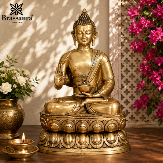 Brassaura® Buddha Sitting in Blessing Mudra Idol with Royal Golden Finish and Base | Pure Superfine Brass Handcrafted Murti | Brass Statue for Home Temple, Pooja Room | Height 38.5 Inches | Weight 48 Kgs