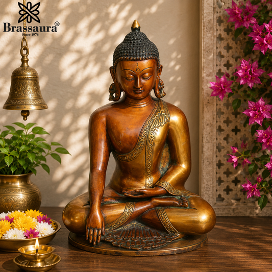 Brassaura® Buddha Bhumisparsha Mudra Sitting Idol with Antique Brown & Gold Finish | Pure Superfine Brass Handcrafted Murti | Brass Statue for Home Temple, Pooja Room | Height 13 Inches | Weight 6 Kgs