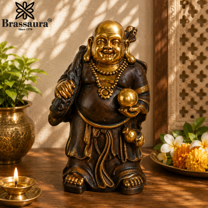 Brassaura® Laughing Buddha Standing Idol with Antique Black & Gold Finish | Pure Superfine Brass Handcrafted Murti | Brass Statue for Home Temple, Pooja Room | Height 17 Inches | Weight 14 Kgs