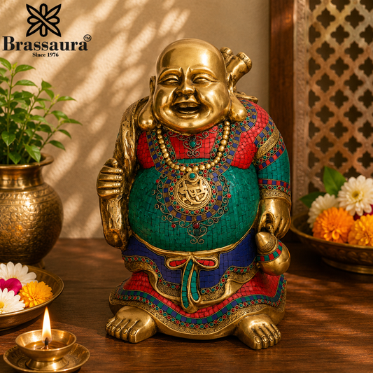 Brassaura® Laughing Buddha Standing Idol with Gem Stone Work Finish | Pure Superfine Brass Handcrafted Murti | Brass Statue for Home Temple, Pooja Room | Height 19 Inches | Weight 25 Kgs