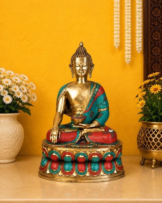 Brassaura® Buddha Bhumisparsha Mudra Sitting Idol with Gem Stone Work Finish and Base | Pure Superfine Brass Handcrafted Murti | Brass Statue for Home Temple, Pooja Room | Height 38 Inches | Weight 53 Kgs
