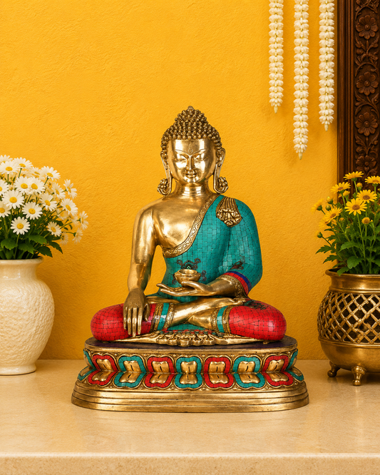 Brassaura® Buddha Bhumisparsha Mudra Sitting Idol with Gem Stone Work Finish and Base | Pure Superfine Brass Handcrafted Murti | Brass Statue for Home Temple, Pooja Room | Height 24 Inches | Weight 27 Kgs