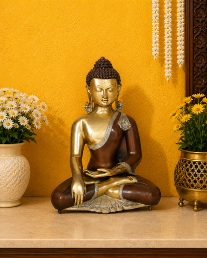 Brassaura® Buddha Bhumisparsha Mudra Sitting Idol with Antique Brown & Gold Finish | Pure Superfine Brass Handcrafted Murti | Brass Statue for Home Temple, Pooja Room | Height 16 Inches | Weight 10.5 Kgs