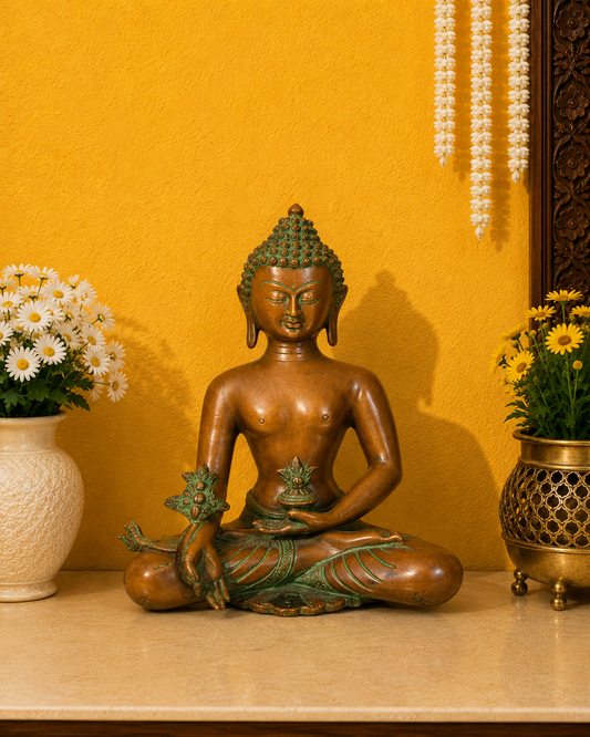 Brassaura® Buddha Bhumisparsha Mudra Sitting Idol with Antique Green & Brown Finish | Pure Superfine Brass Handcrafted Murti | Brass Statue for Home Temple, Pooja Room | Height 9 Inches | Weight 2.5 Kgs
