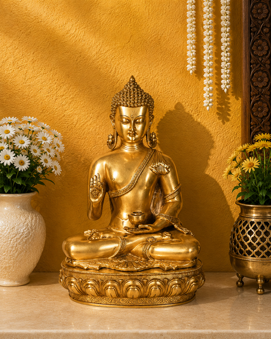 Brassaura® Buddha Sitting in Blessing Mudra Idol with Royal Golden Finish and Base | Pure Superfine Brass Handcrafted Murti | Brass Statue for Home Temple, Pooja Room | Height 18 Inches | Weight 13.5 Kgs