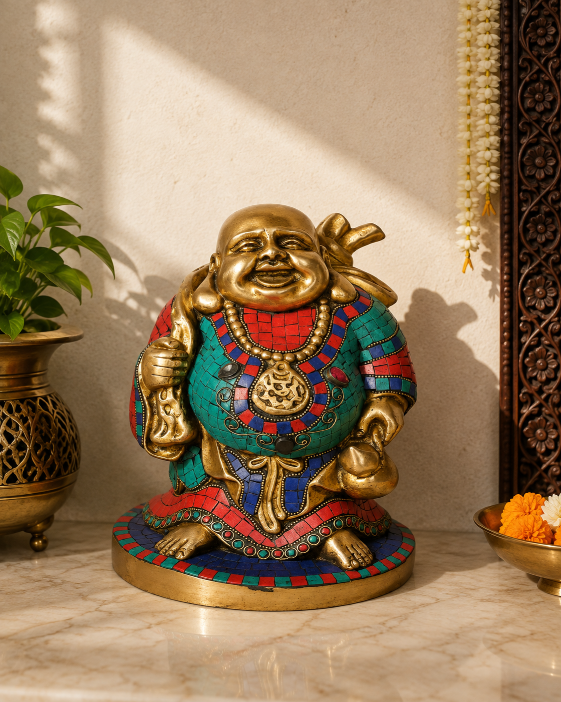 पीतल का खड़ा रत्न जड़ित बुद्ध, वज़न 7 किलो और ऊँचाई 11 इंच