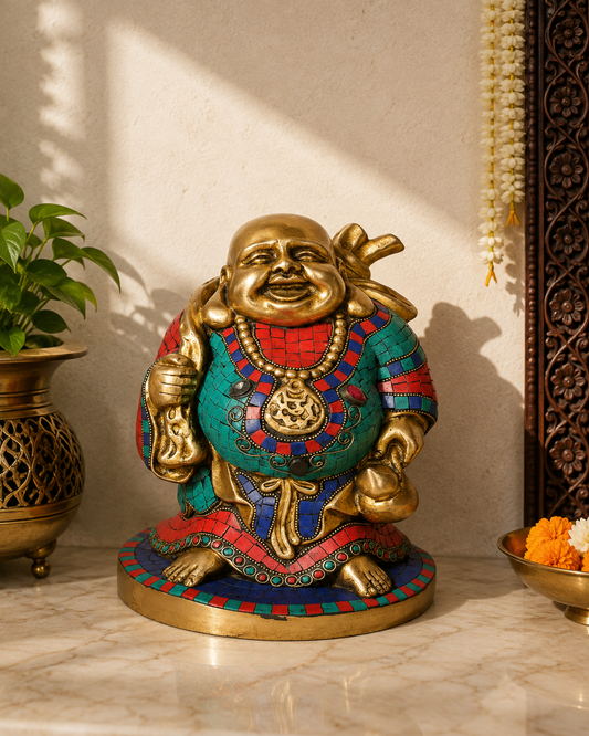 Brassaura® Laughing Buddha Standing Idol with Gem Stone Work Finish | Pure Superfine Brass Handcrafted Murti | Brass Statue for Home Temple, Pooja Room | Height 11 Inches | Weight 7 Kgs
