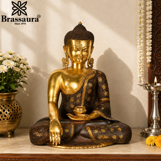 Brassaura® Buddha Bhumisparsha Mudra Sitting Idol with Antique Black & Gold Finish | Pure Superfine Brass Handcrafted Murti | Brass Statue for Home Temple, Pooja Room | Height 17 Inches | Weight 13 Kgs