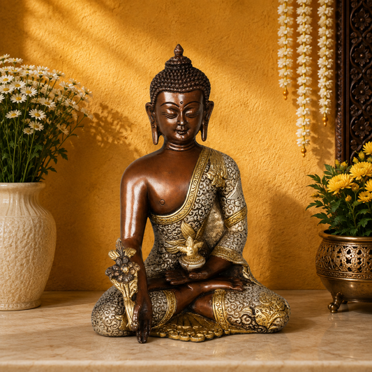 Brassaura® Buddha Bhumisparsha Mudra Sitting Idol with Antique Brown & Gold Finish | Pure Superfine Brass Handcrafted Murti | Brass Statue for Home Temple, Pooja Room | Height 8 Inches | Weight 2.5 Kgs
