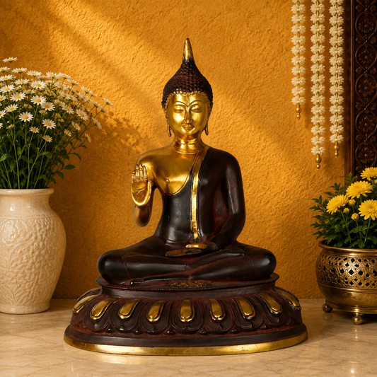 Brassaura® Buddha Sitting in Blessing Mudra Idol with Antique Black & Gold Finish and Base | Pure Superfine Brass Handcrafted Murti | Brass Statue for Home Temple, Pooja Room | Height 14 Inches | Weight 5.5 Kgs