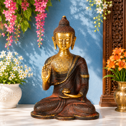 Brassaura® Buddha Sitting in Blessing Mudra Idol with Antique Brown & Gold Finish | Pure Superfine Brass Handcrafted Murti | Brass Statue for Home Temple, Pooja Room | Height 9 Inches | Weight 3.8 Kgs