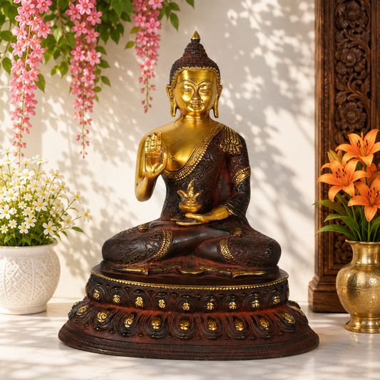 Brassaura® Buddha Sitting in Blessing Mudra Idol with Antique Brown & Gold Finish and Base | Pure Superfine Brass Handcrafted Murti | Brass Statue for Home Temple, Pooja Room | Height 12 Inches | Weight 7 Kgs