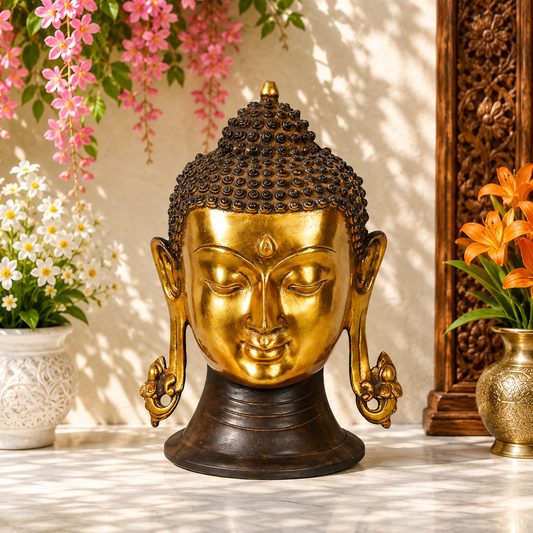 Brassaura® Buddha Head Decorative Statue with Antique Black & Gold Finish | Pure Superfine Brass Handcrafted Murti | Brass Statue for Home Temple, Pooja Room | Height 11 Inches | Weight 6 Kgs