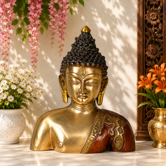 Brassaura® Buddha Bust Decorative Statue with Antique Brown & Gold Finish | Pure Superfine Brass Handcrafted Murti | Brass Statue for Home Temple, Pooja Room | Height 9 Inches | Weight 3 Kgs