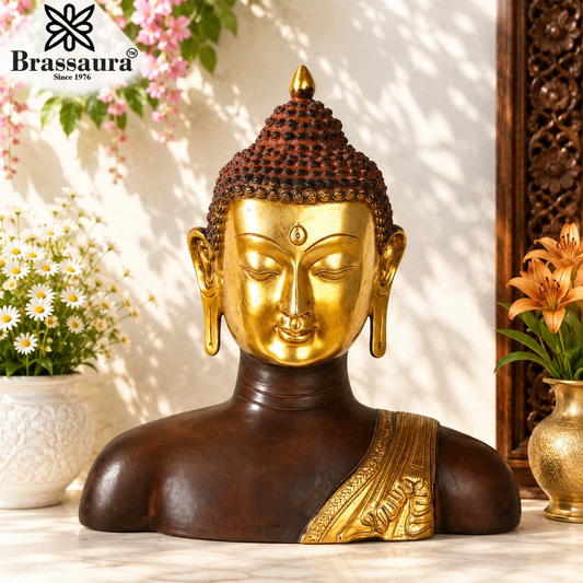 Brassaura® Buddha Bust Decorative Statue with Antique Brown & Gold Finish | Pure Superfine Brass Handcrafted Murti | Brass Statue for Home Temple, Pooja Room | Height 14 Inches | Weight 10.5 Kgs