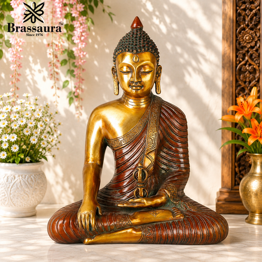 Brassaura® Buddha Bhumisparsha Mudra Sitting Idol with Antique Brown & Gold Finish | Pure Superfine Brass Handcrafted Murti | Brass Statue for Home Temple, Pooja Room | Height 13 Inches | Weight 6.5 Kgs