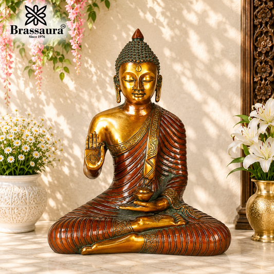 Brassaura® Buddha Sitting in Blessing Mudra Idol with Antique Brown & Gold Finish | Pure Superfine Brass Handcrafted Murti | Brass Statue for Home Temple, Pooja Room | Height 13 Inches | Weight 6.5 Kgs