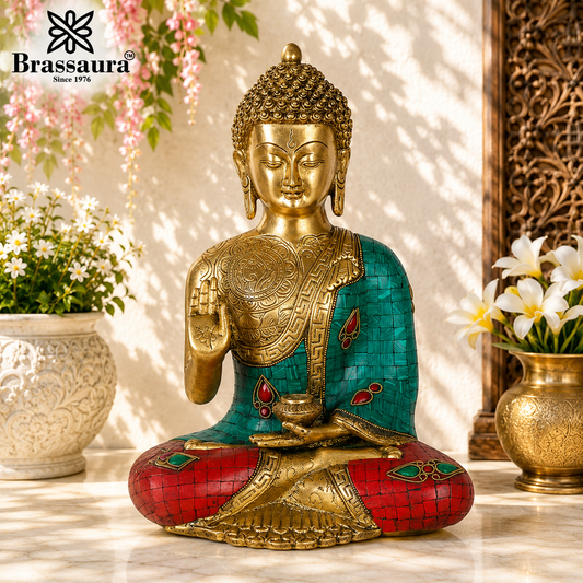 Brassaura® Buddha Sitting in Blessing Mudra Idol with Gem Stone Work Finish | Pure Superfine Brass Handcrafted Murti | Brass Statue for Home Temple, Pooja Room | Height 12 Inches | Weight 6.5 Kgs