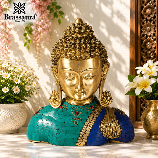 Brassaura® Buddha Bust Decorative Statue with Gem Stone Work Finish | Pure Superfine Brass Handcrafted Murti | Brass Statue for Home Temple, Pooja Room | Height 11 Inches | Weight 6 Kgs