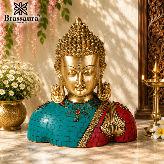 Brassaura® Buddha Bust Decorative Statue with Gem Stone Work Finish | Pure Superfine Brass Handcrafted Murti | Brass Statue for Home Temple, Pooja Room | Height 9 Inches | Weight 3.5 Kgs