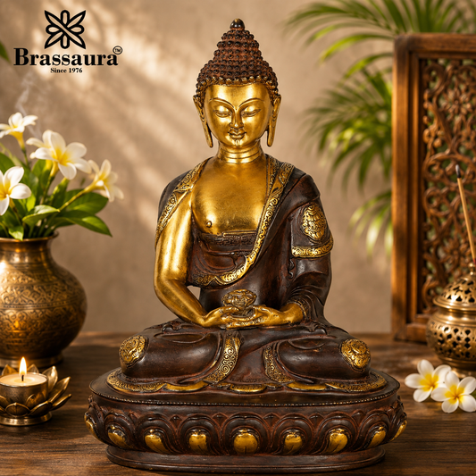 Brassaura® Buddha Sitting with Bowl Idol with Antique Brown & Gold Finish and Base | Pure Superfine Brass Handcrafted Murti | Brass Statue for Home Temple, Pooja Room | Height 17 Inches | Weight 11 Kgs