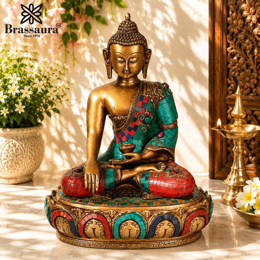 Brassaura® Buddha Bhumisparsha Mudra Sitting Idol with Gem Stone Work Finish | Pure Superfine Brass Handcrafted Murti | Brass Statue for Home Temple, Pooja Room | Height 14 Inches | Weight 8 Kgs
