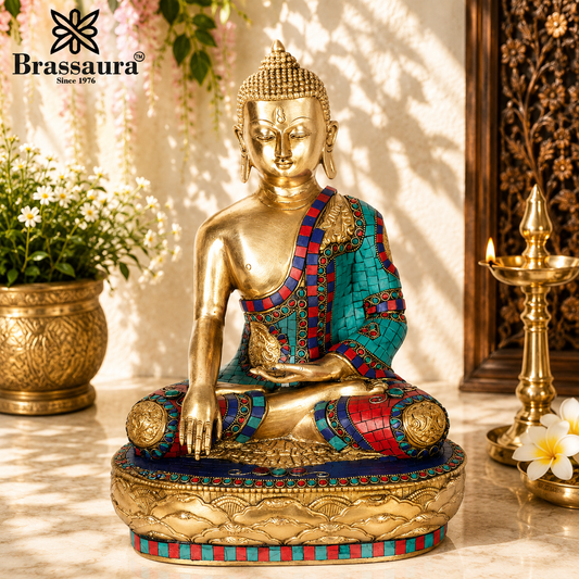 Brassaura® Buddha Bhumisparsha Mudra Sitting Idol with Gem Stone Work Finish and Base | Pure Superfine Brass Handcrafted Murti | Brass Statue for Home Temple, Pooja Room | Height 15 Inches | Weight 10 Kgs