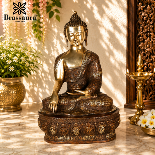 Brassaura® Buddha Bhumisparsha Mudra Sitting Idol with Antique Brown & Gold Finish and Base | Pure Superfine Brass Handcrafted Murti | Brass Statue for Home Temple, Pooja Room | Height 21 Inches | Weight 17 Kgs