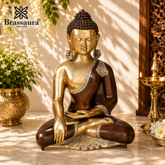 Brassaura® Buddha Bhumisparsha Mudra Sitting Idol with Antique Brown & Gold Finish | Pure Superfine Brass Handcrafted Murti | Brass Statue for Home Temple, Pooja Room | Height 21 Inches | Weight 18 Kgs