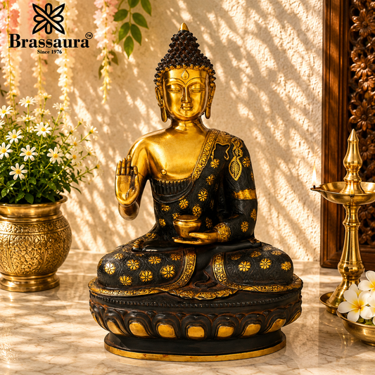 Brassaura® Buddha Sitting in Blessing Mudra Idol with Antique Black & Gold Finish and Base | Pure Superfine Brass Handcrafted Murti | Brass Statue for Home Temple, Pooja Room | Height 23 Inches | Weight 15 Kgs