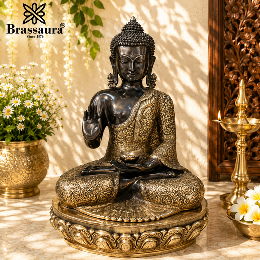 Brassaura® Buddha Sitting in Blessing Mudra Idol with Antique Black & Silver Finish and Base | Pure Superfine Brass Handcrafted Murti | Brass Statue for Home Temple, Pooja Room | Height 21 Inches | Weight 24 Kgs