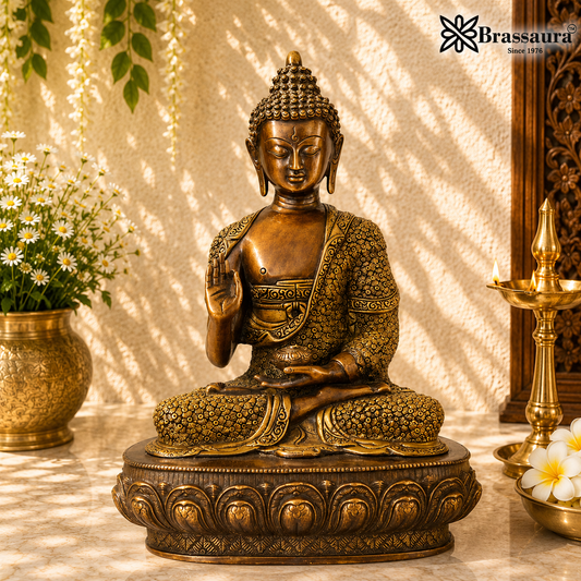 Brassaura® Buddha Sitting in Blessing Mudra Idol with Antique Brown & Gold Finish and Base | Pure Superfine Brass Handcrafted Murti | Brass Statue for Home Temple, Pooja Room | Height 16 Inches | Weight 10.5 Kgs