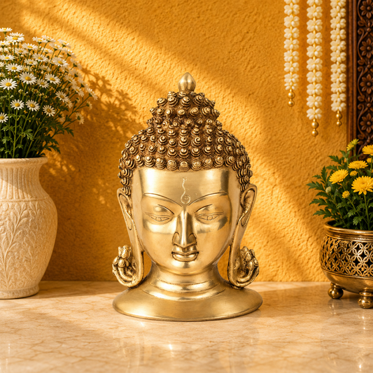 Brassaura® Buddha Head Decorative Statue with Royal Golden Finish | Pure Superfine Brass Handcrafted Murti | Brass Statue for Home Temple, Pooja Room | Height 8 Inches | Weight 2 Kgs
