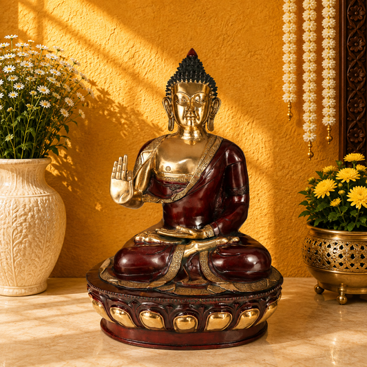 Brassaura® Buddha Sitting in Blessing Mudra Idol with Antique Brown & Gold Finish and Base | Pure Superfine Brass Handcrafted Murti | Brass Statue for Home Temple, Pooja Room | Height 46 Inches | Weight 85 Kgs