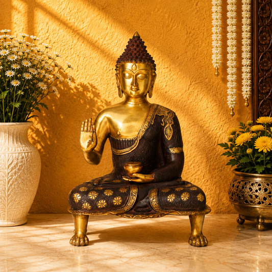 Brassaura® Buddha Sitting in Blessing Mudra Idol with Antique Black & Gold Finish | Pure Superfine Brass Handcrafted Murti | Brass Statue for Home Temple, Pooja Room | Height 21 Inches | Weight 11 Kgs