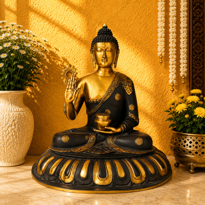 Brassaura® Buddha Sitting in Blessing Mudra Idol with Lotus with Antique Black & Gold Finish and Base | Pure Superfine Brass Handcrafted Murti | Brass Statue for Home Temple, Pooja Room | Height 28 Inches | Weight 28 Kgs