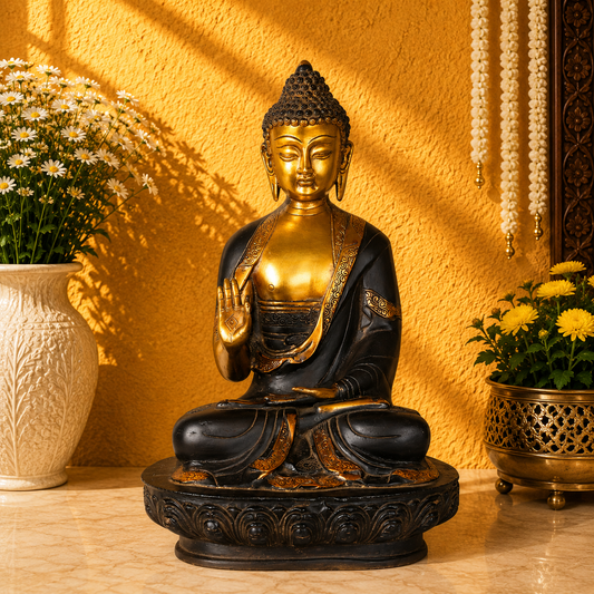 Brassaura® Buddha Sitting in Blessing Mudra Idol with Antique Black & Gold Finish and Base | Pure Superfine Brass Handcrafted Murti | Brass Statue for Home Temple, Pooja Room | Height 16 Inches | Weight 8.5 Kgs