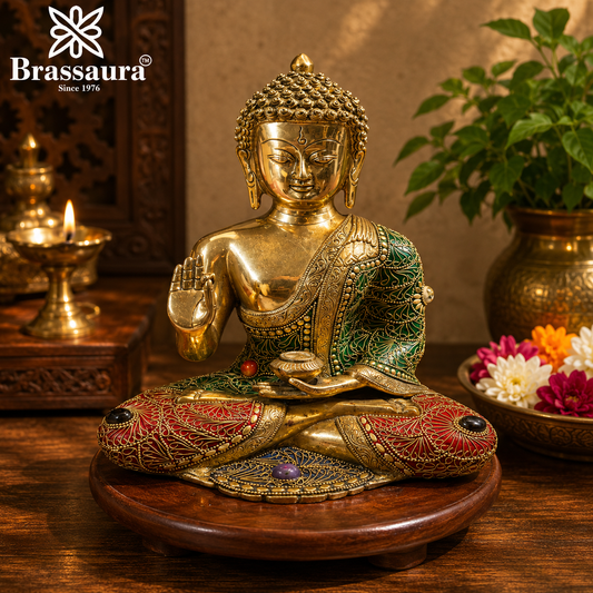 Brassaura® Buddha Sitting in Blessing Mudra Idol with Gem Stone Work Finish | Pure Superfine Brass Handcrafted Murti | Brass Statue for Home Temple, Pooja Room | Height 12 Inches | Weight 5.8 Kgs