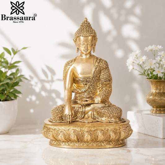 Brassaura® Buddha Bhumisparsha Mudra Sitting Idol with Royal Golden Finish and Base | Pure Superfine Brass Handcrafted Murti | Brass Statue for Home Temple, Pooja Room | Height 17 Inches | Weight 10.5 Kgs
