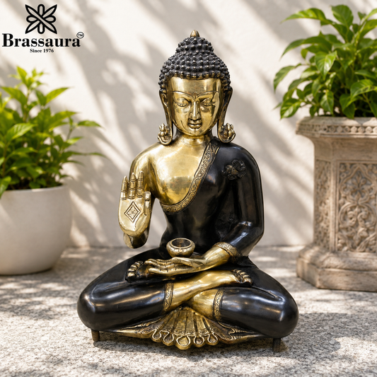 Brassaura® Buddha Sitting in Blessing Mudra Idol with Antique Black & Silver Finish | Pure Superfine Brass Handcrafted Murti | Brass Statue for Home Temple, Pooja Room | Height 20 Inches | Weight 17 Kgs