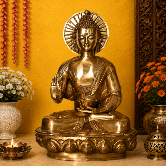 Brassaura® Buddha Sitting in Blessing Mudra Idol with Halo and Base with Royal Golden Finish | Pure Superfine Brass Handcrafted Murti | Brass Statue for Home Temple, Pooja Room | Height 34 Inches | Weight 42 Kgs