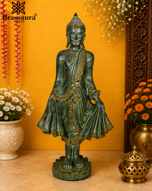 Brassaura® Buddha Standing Idol with Green Antique Finish | Pure Superfine Brass Handcrafted Murti | Brass Statue for Home Temple, Pooja Room | Height 42 Inches | Weight 32 Kgs