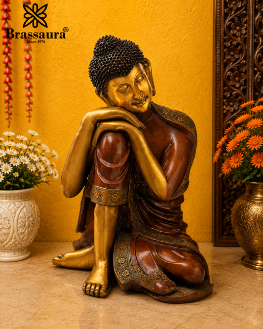 Brassaura® Buddha Resting Seated Idol with Antique Brown & Gold Finish | Pure Superfine Brass Handcrafted Murti | Brass Statue for Home Temple, Pooja Room | Height 29 Inches | Weight 55 Kgs